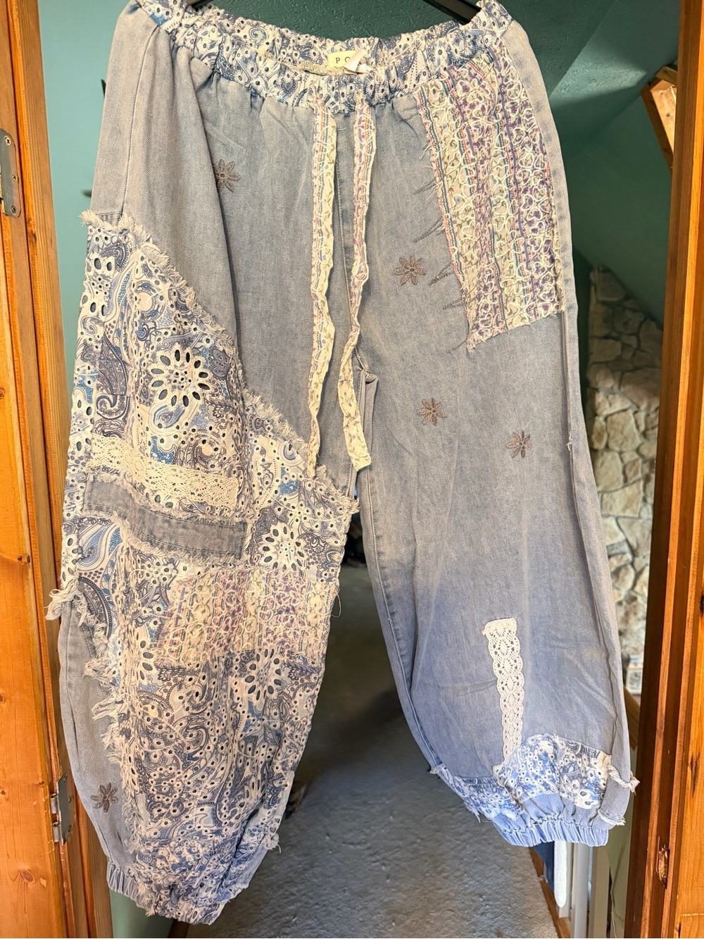 NWT POL Boho Mix of Patches Boho Joggers in Denim, White, Pink & Purple accents